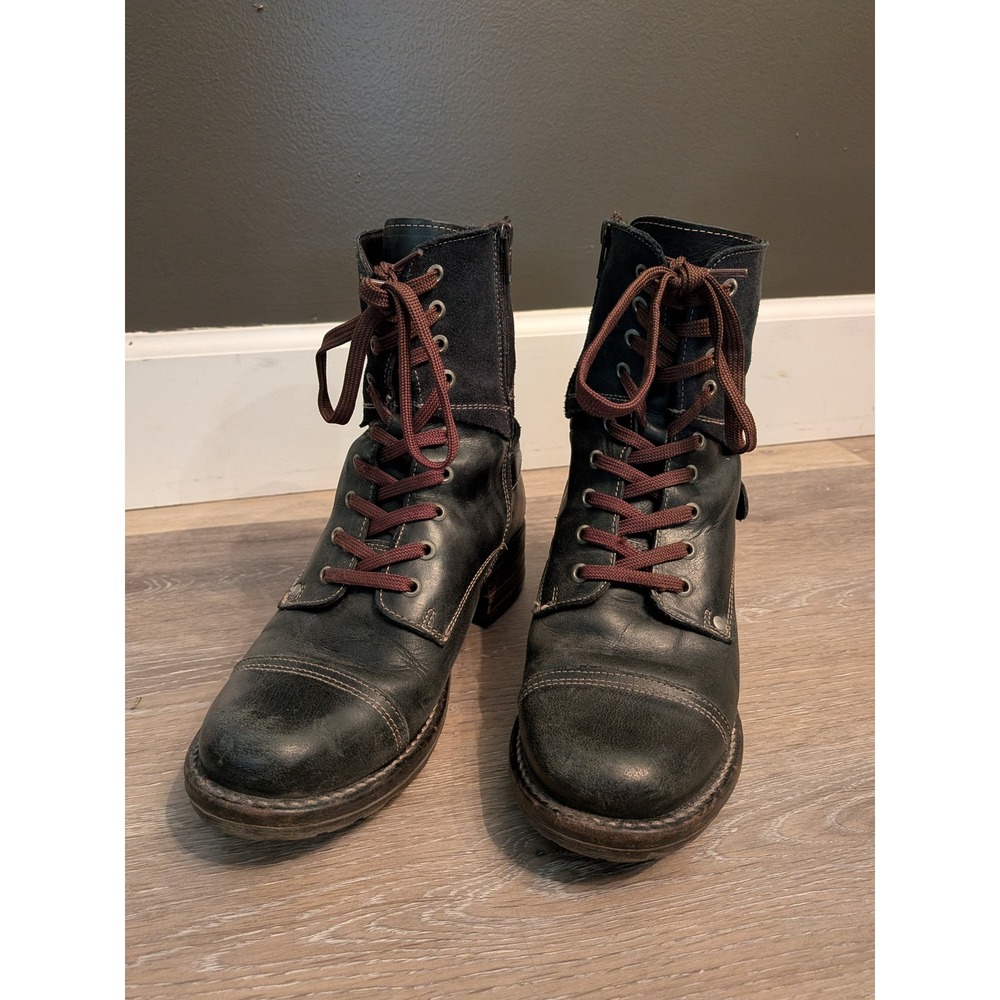 Taos Crave Black Leather Suede Combat Boots Womens 39 Cap Toe Lace Up Zip Buckle